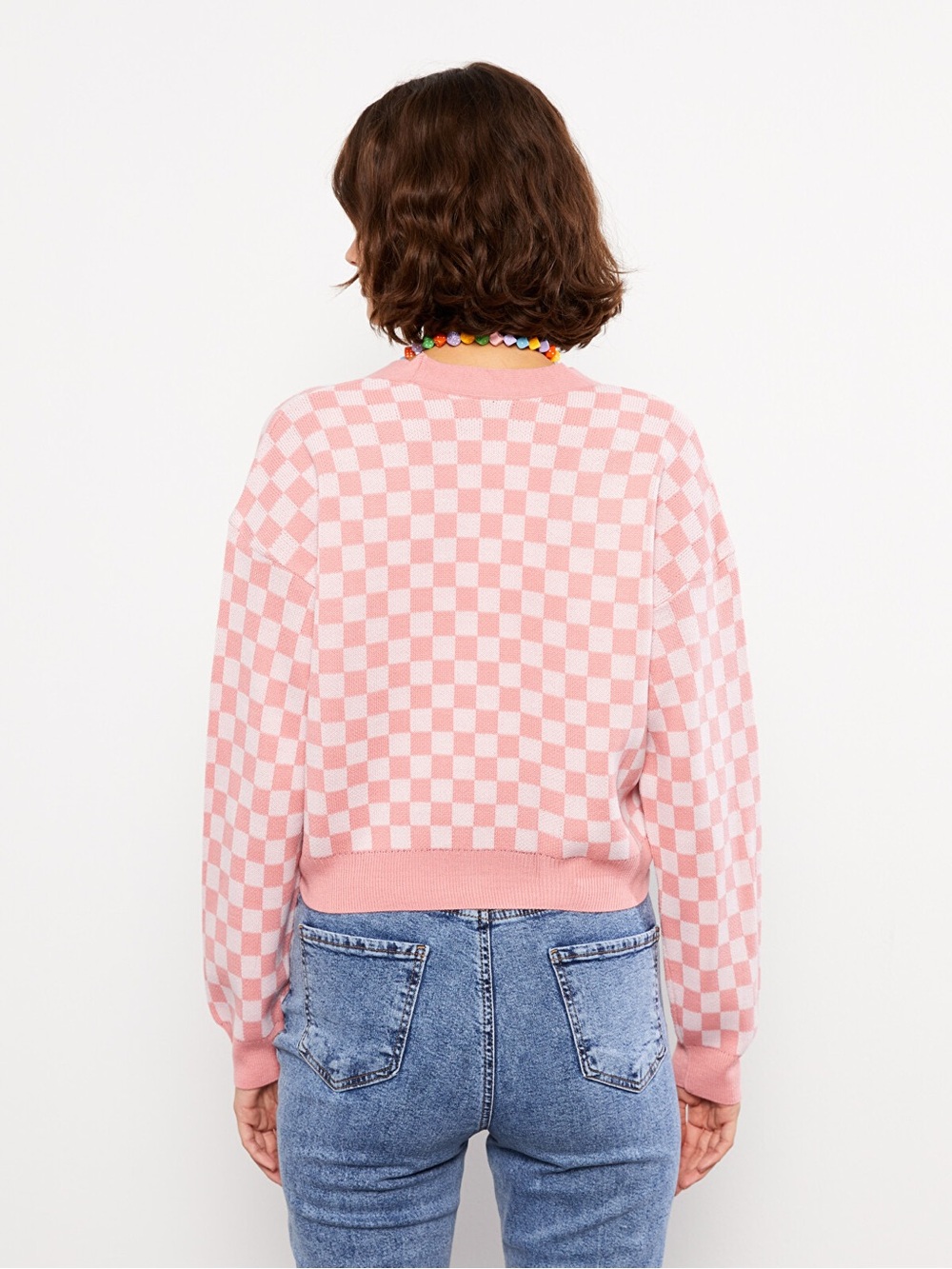 LCW casual pink checkered relaxed fit cropped cardigan - Picture 3 of 10